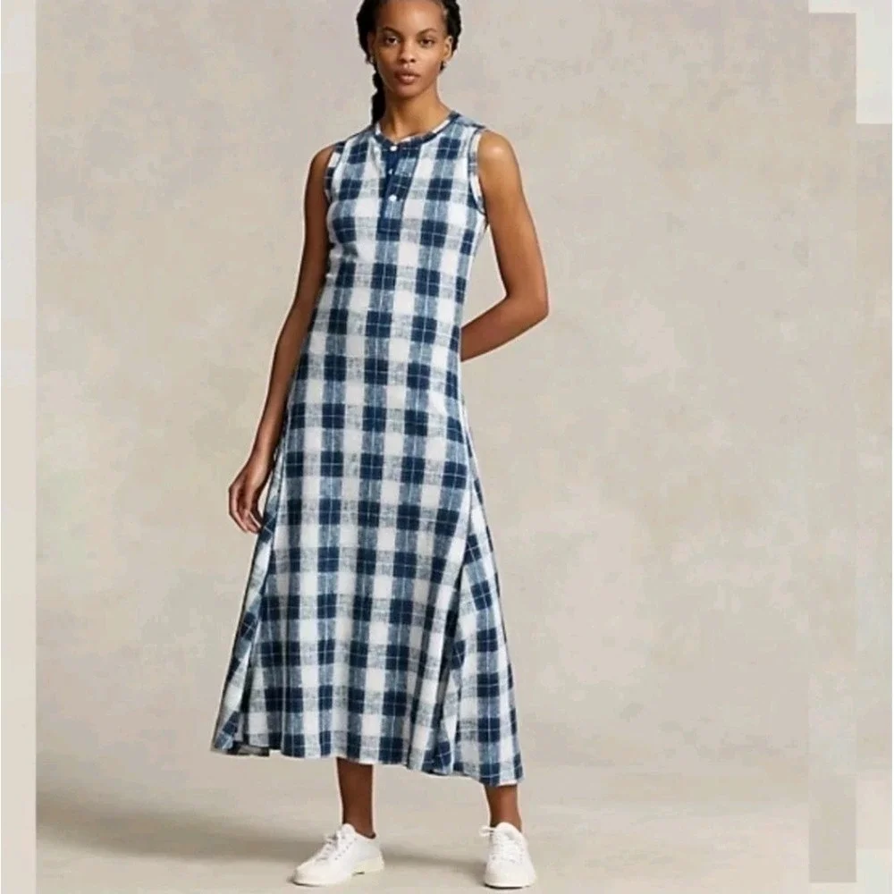 Polo Ralph Lauren Blue Buffalo Plaid Cotton Henley Midi Dress Womens Size XL